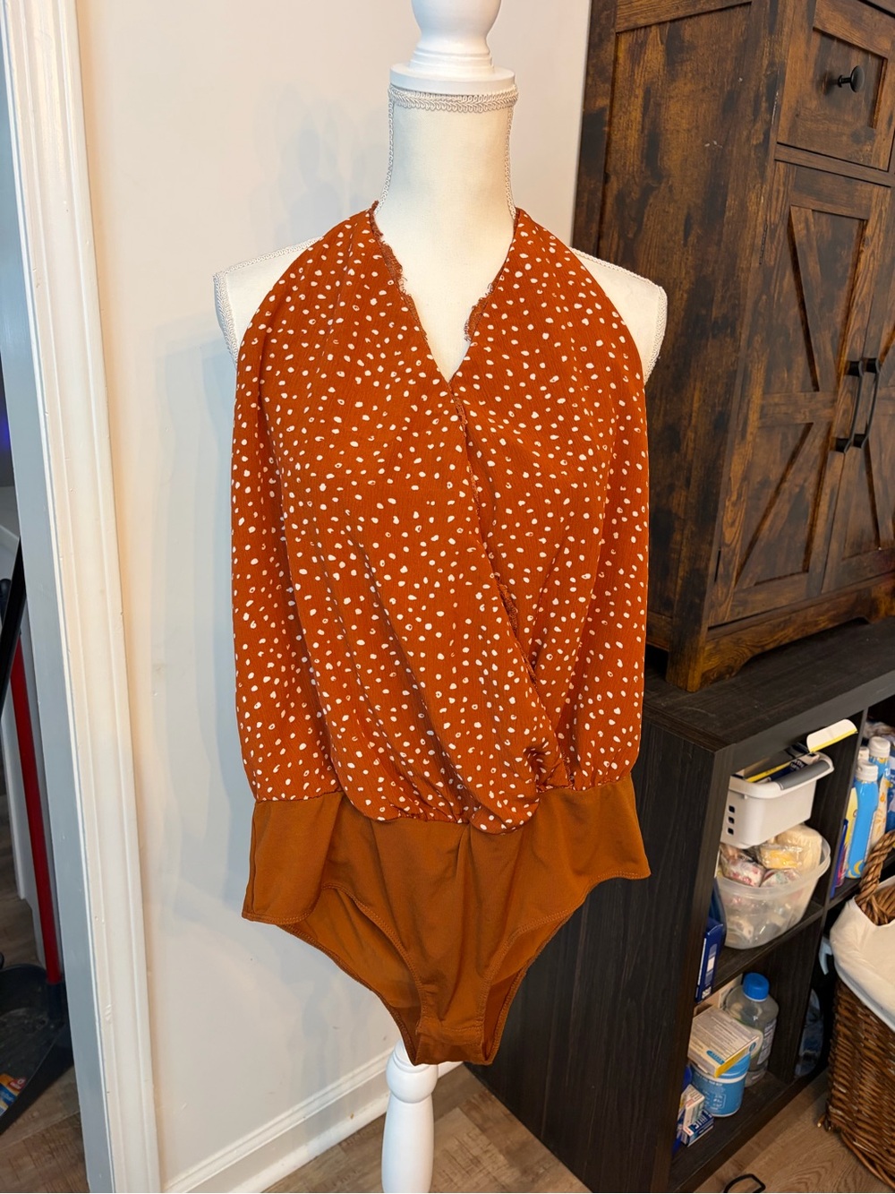 Polka Dot Halter Wrap Bodysuit in Rust